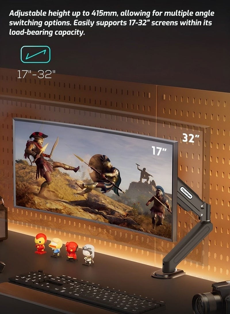 FlashHawk Single Monitor Arm Desk Mount – Gas Spring Stand for 17-32 Inch Screens, Full Motion Height Adjustable, Tilt Swivel Rotate, VESA 75/100mm, 2-9kg Load, Quick Release VESA & Tool-Free Install - Black - Image 3